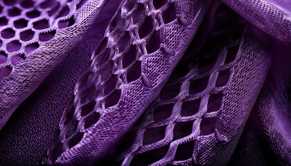 macro close up of dark purple mesh fabric with hexagonal holes and dense synthetic threads showing depth through layered folds and shadow gradients