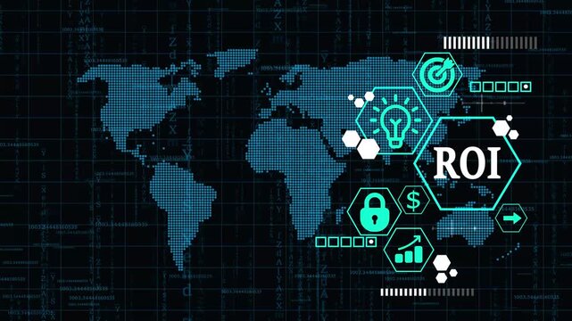 ROI Return on investment financial growth concept. Business, Technology, Internet and network concept. technology background with Cyberspace binary matrix letter bits.