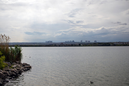 Lake view with modern city skyline in the background, Lake Ankara, G&ouml;lbaşı