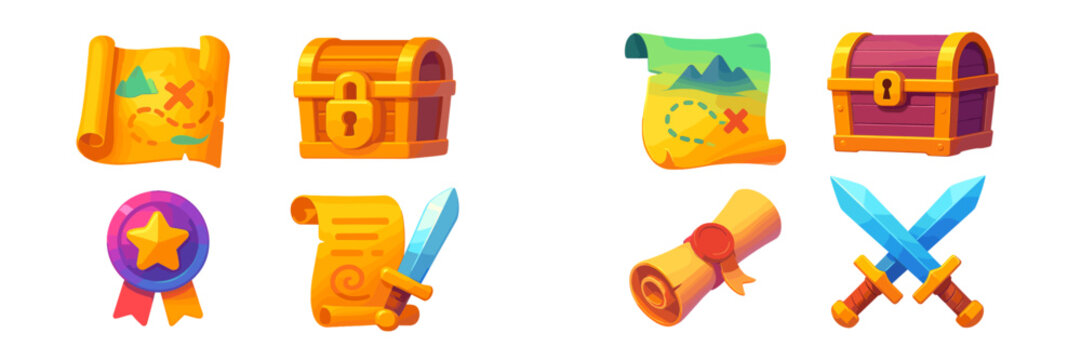 Colorful icons representing adventure themes like treasure maps, swords, and rewards in a playful design