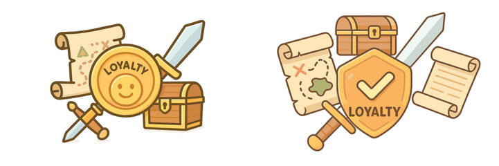 Creative loyalty themed illustrations featuring swords, shields, treasure chests, and treasure maps in a playful design