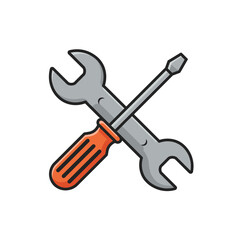 Wrench and Screwdriver Crossed Cartoon Illustration for Repair or Maintenance
