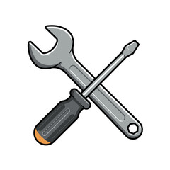 Wrench and Screwdriver Crossed Cartoon Illustration for Repair or Maintenance