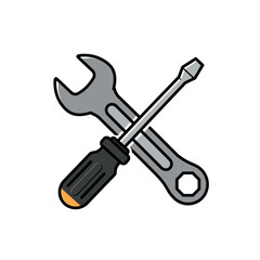 Wrench and Screwdriver Crossed Cartoon Illustration for Repair or Maintenance