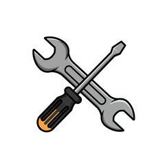 Wrench and Screwdriver Crossed Cartoon Illustration for Repair or Maintenance