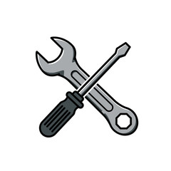 Wrench and Screwdriver Crossed Cartoon Illustration for Repair or Maintenance