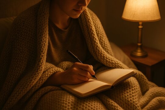 Cozy atmosphere with warm lamp light illuminating young woman journaling in bed, wrapped in a knitted blanket