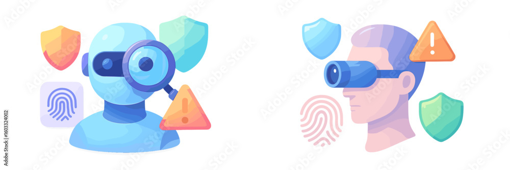 Poster digital security concepts illustrated through graphics of a person analyzing data and another wearin