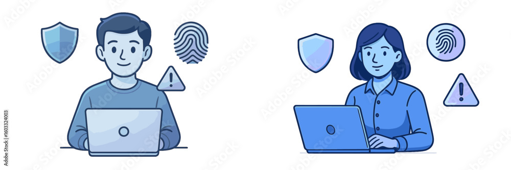 Poster individuals working on laptops with a focus on cybersecurity and data protection concepts in a moder