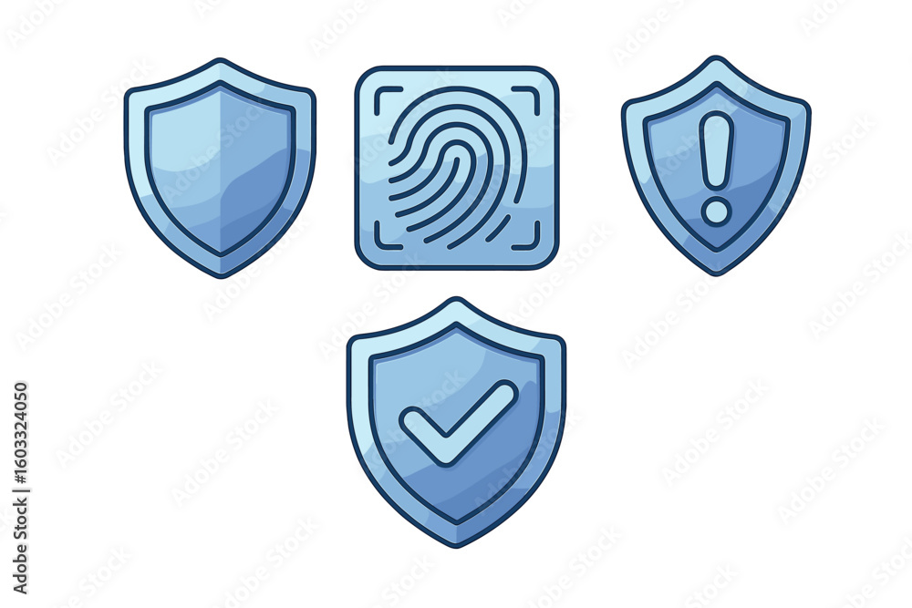 Poster security icons representing various protection features in a digital context displayed in blue tones