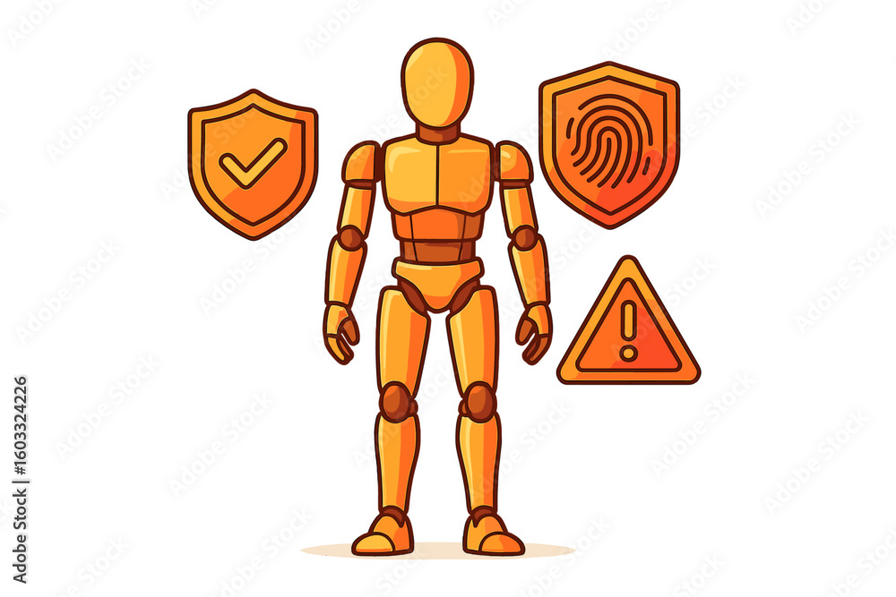 Poster robotic figure stands in front of security icons representing verification and safety measures in te
