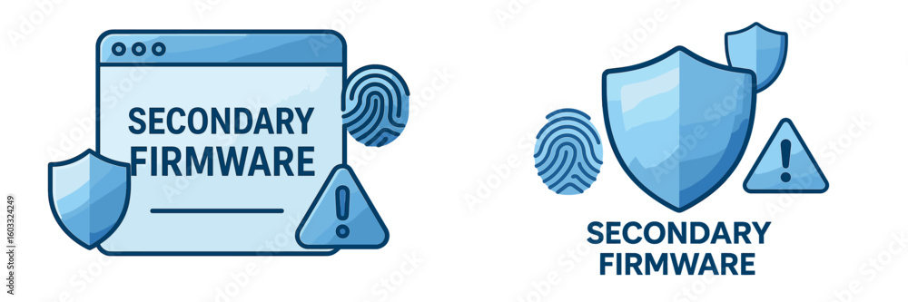 Aufkleber illustration showing the concept of secondary firmware featuring shields and warning symbols, emphas