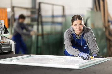 In workshop for production of glass products, girl co-worker cuts off excess from workpiece and...