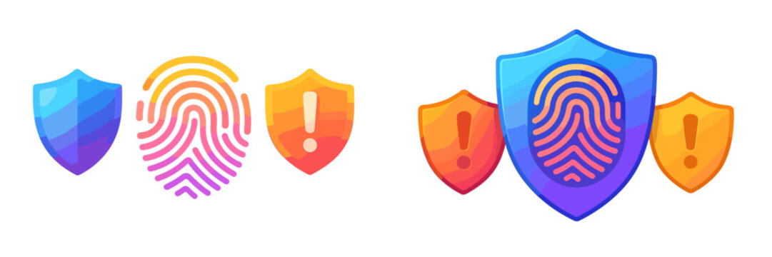 Design elements featuring security shields and fingerprint icons with attention symbols for digital safety themes