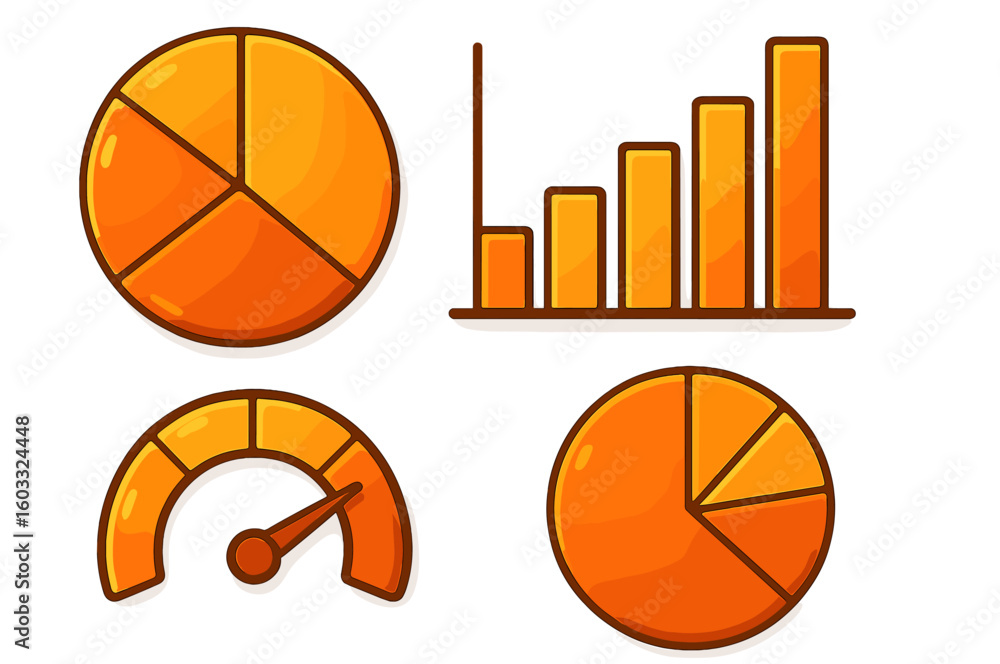 Poster graphs and charts depicting data analysis in orange tones for effective visualization of information