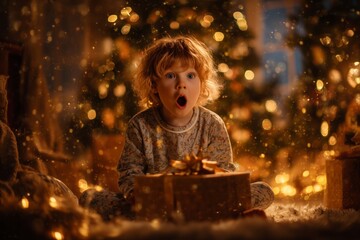 A surprised boy opens a glowing gift surrounded by darkness and soft fairy light