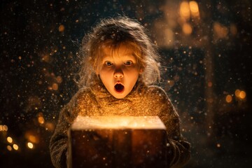 A surprised girl opens a glowing gift surrounded by darkness and soft fairy light