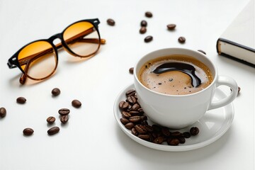 Coffee break with eyeglasses and coffee beans on white table