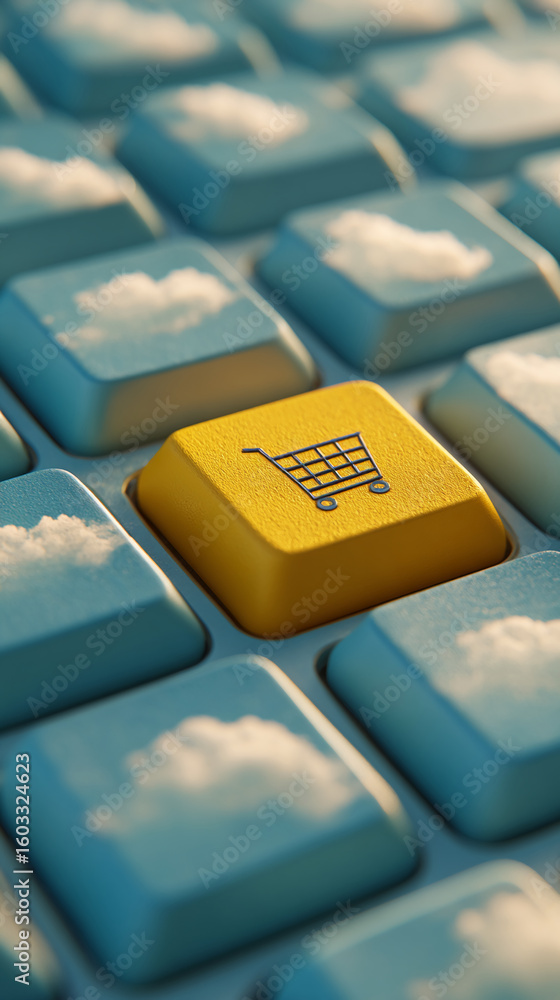 Poster close-up of yellow keyboard key with shopping cart icon, surrounded by blue keys featuring cloud ima