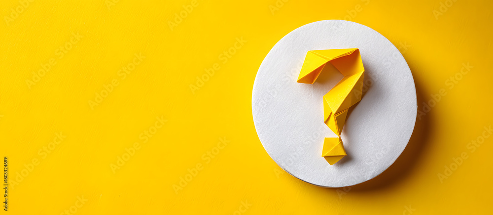 Poster yellow origami question mark on a white circular paper positioned right on vibrant yellow background