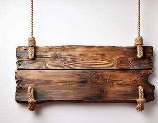 weathered wooden sign suspended from ropes ready for custom messaging against white background