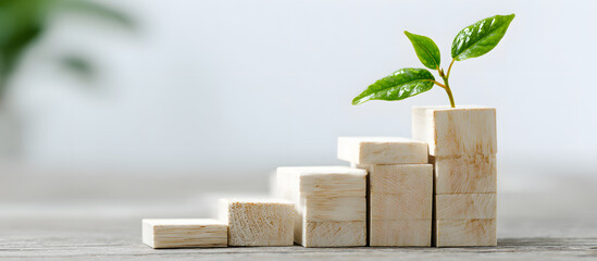 Stack of natural wooden blocks on the left side with a clean white background emphasizing growth and development concepts in business or education.