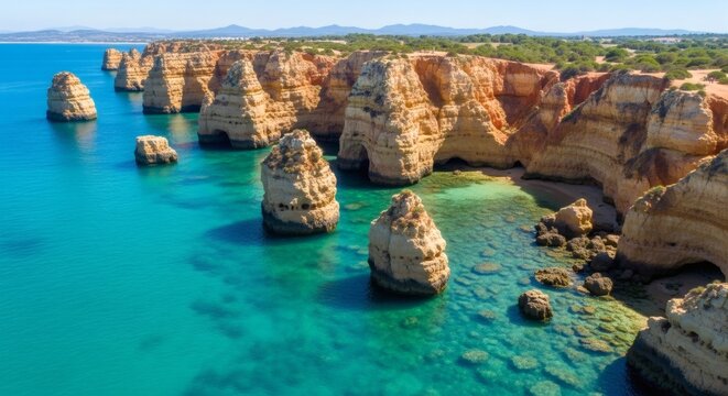 Aerial Drone View of Ponta da Piedade Cliffs and Coastline, Algarve, Portugal