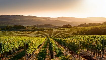 a scenic vineyard with endless rows of green grapevines under golden light