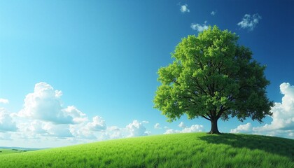A serene landscape featuring a lush green tree under a vast blue sky.