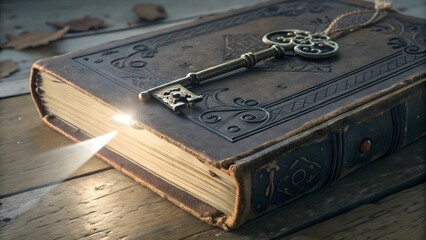 Antique Key on Old Book with Light Beam