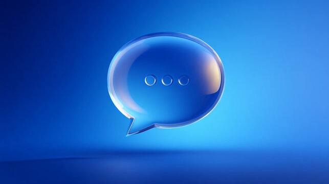 Glass speech bubble on blue background, showcasing communication, conversation, or messaging concept, ideal for digital communication or app design