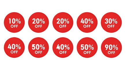 Collection of red circle sale stickers with varying percentages off for promotional marketing use cases