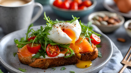 Delicious poached egg with smoked salmon and arugula on toast for breakfast