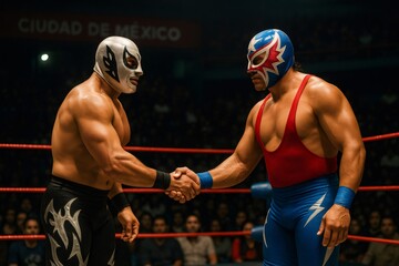 Two lucha libre wrestlers shaking hands in the ring, showcasing sportsmanship and respect before an exciting match in Mexico City