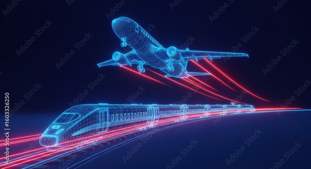 Poster a wireframe airplane taking off above a wireframe train on tracks with neon red speed lines behind t
