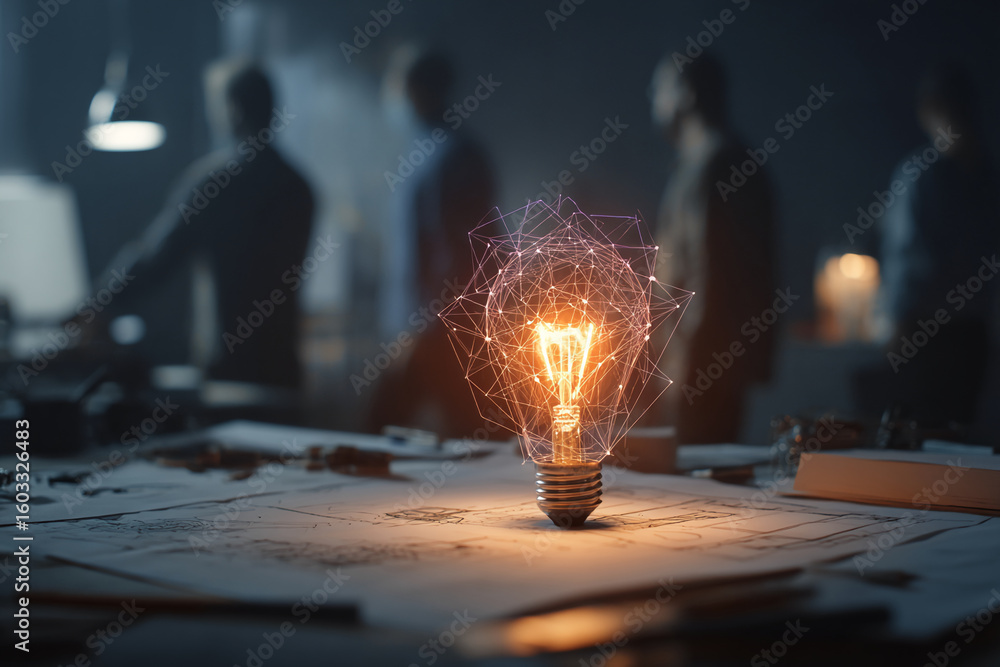 Aufkleber glowing lightbulb on desk with blurred background figures, illuminated network lines inside, symboli