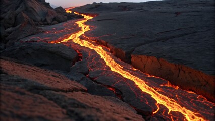 Volcanic glass vein running diagonally through red basalt rock, glowing subtly under sunlight