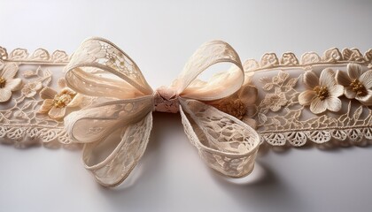 delicate lace ribbon featuring intricate floral pattern rendering vintage elegance against white background