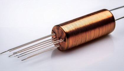 electrolytic capacitor close up white background highlighting cylindrical shape and metal electrical leads