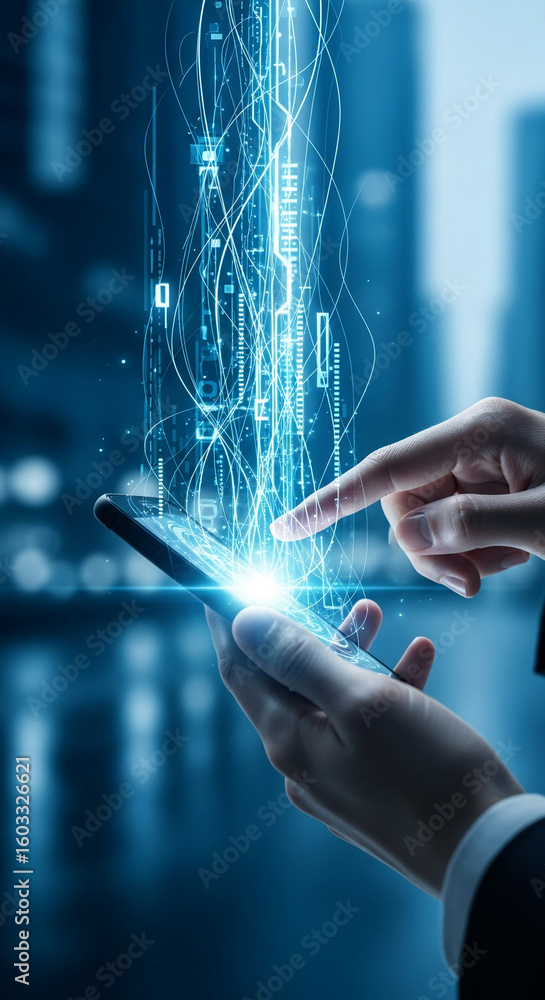 Poster hands interacting with glowing digital data stream emanating from smartphone screen, showcasing tech