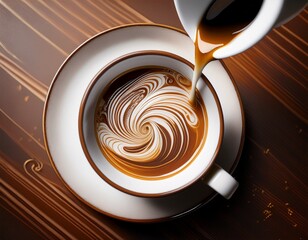 minimalistic top angle photo of a rustic white ceramic cup on a matching saucer as milk is being poured into freshly brewed coffee the swirl is clearly visible at the center of the cup