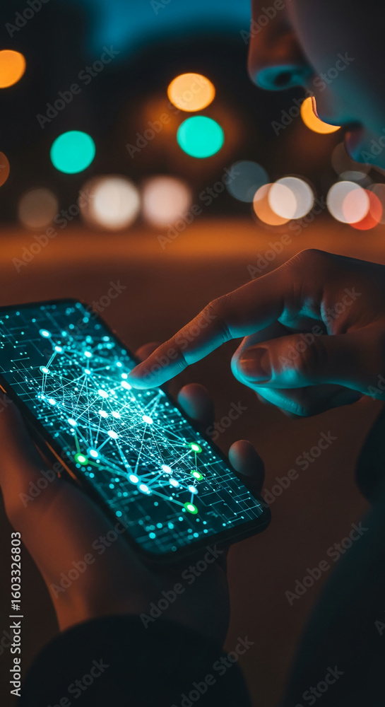 Poster close-up of hand using smartphone displaying glowing network graphic at night, symbolizing digital c