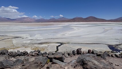 Panoramic view of Lagunas Escondidas de Baltinache, a vast high-altitude salt flat in dry Atacama...