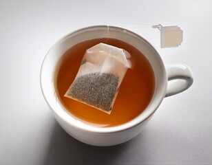 ceramic white mug steeping herbal tea bag warm liquid creating rich aromatic infusion against clean light background