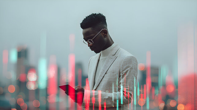 Businessman using tablet analyzing stock market data with city skyline background