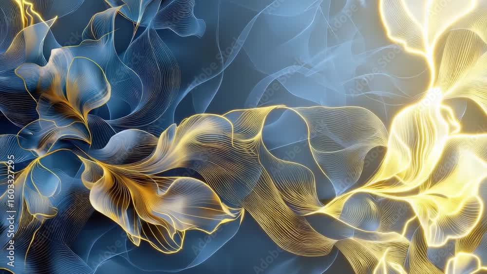 Poster abstract floral design glowing yellow blue translucent petal digital art with flowing golden lines c