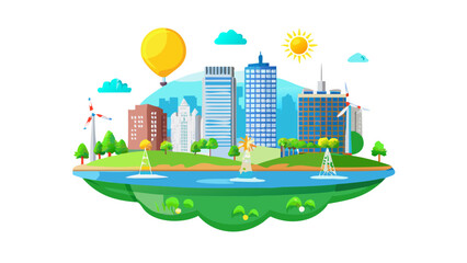 Obraz premium Sustainable Eco City with Renewable Energy Sources – Vector Illustration