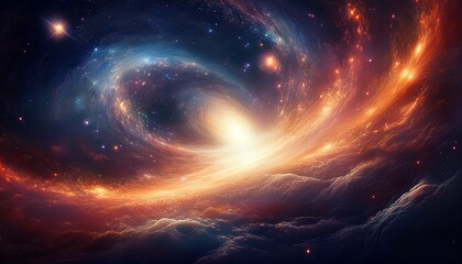 a surreal cosmic scene depicting the turbulent birth of a galaxy m swirling clouds of glowing interstellar dust illuminated by a fiery light source at the center