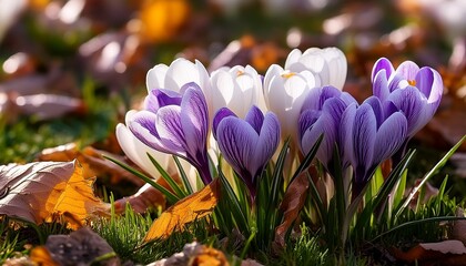 a detailed view of bright purple and white crocus flowers blossoming in early spring encircled by green grass and dried leaves