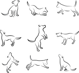 dog vector line art silhouette collection, dog vector cute dog line art designs